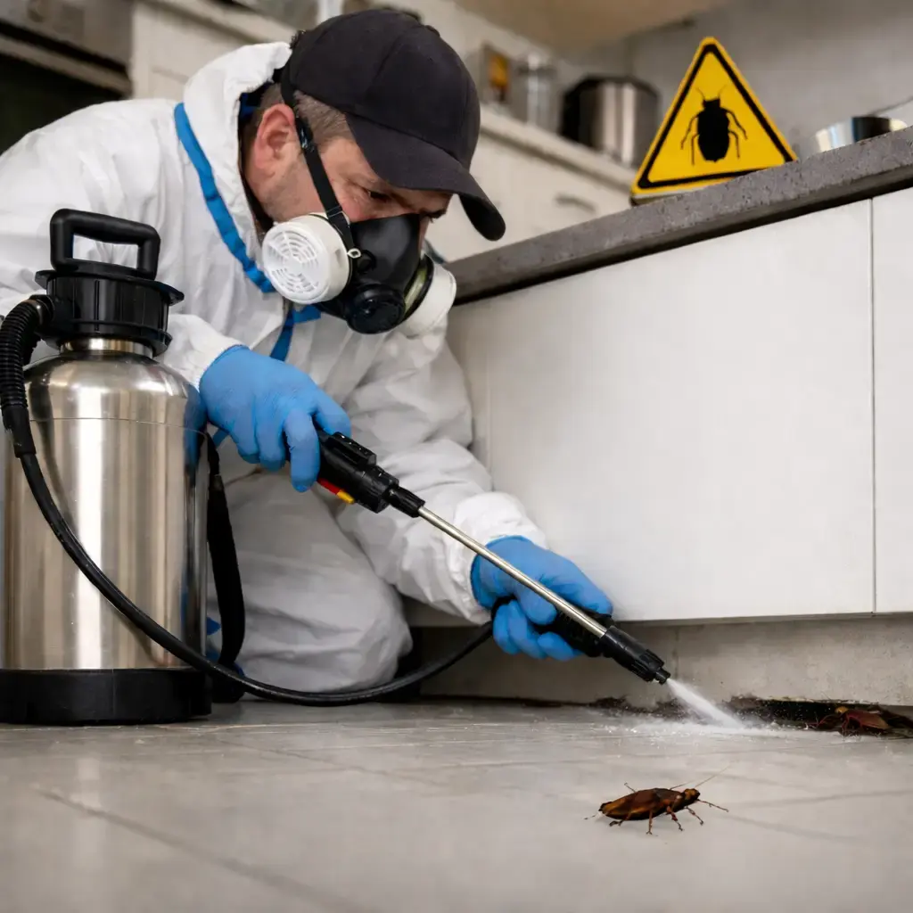 Application précise de gel anti-ravets sur les charnières d'un meuble de cuisine en Guadeloupe